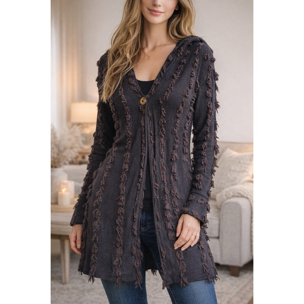 Nie & Zoe Textured Knit Cardigan Brown Nubby Open Front Boho Size M